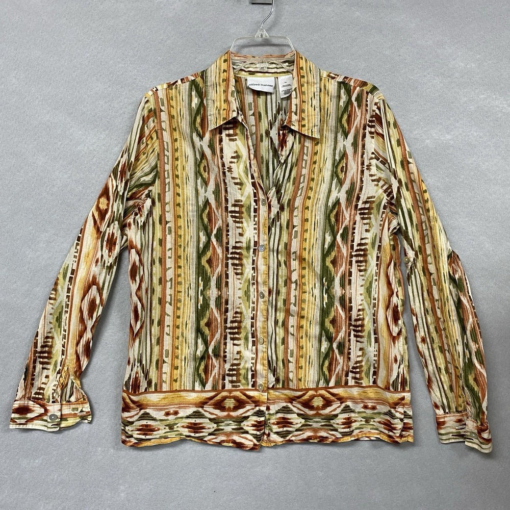 Womenโs Alfred Dunner Shirt Button Up Roll Tab Sleeves 14 Earthy Boho